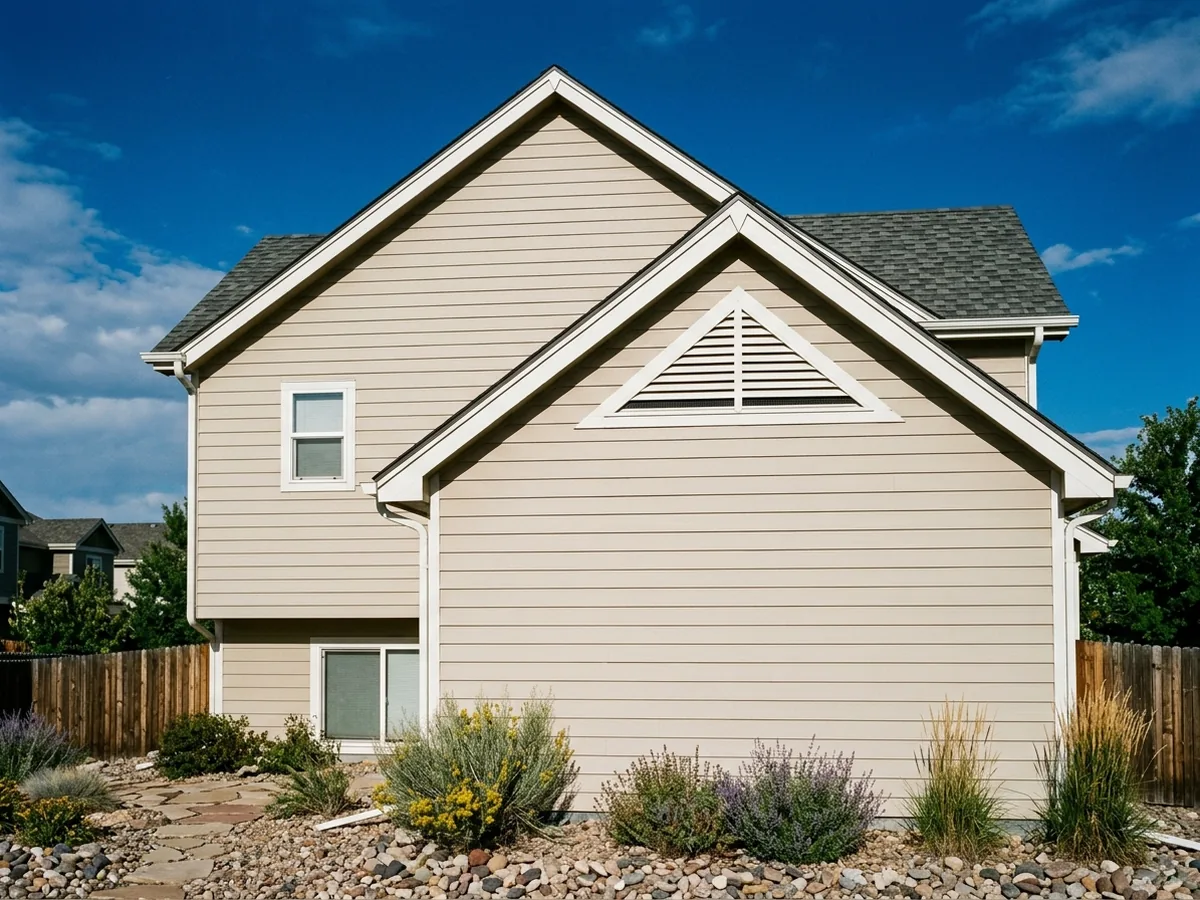 Triangular louvered vent high in the gable wall of a beige-sided two-storey house under a blue sky