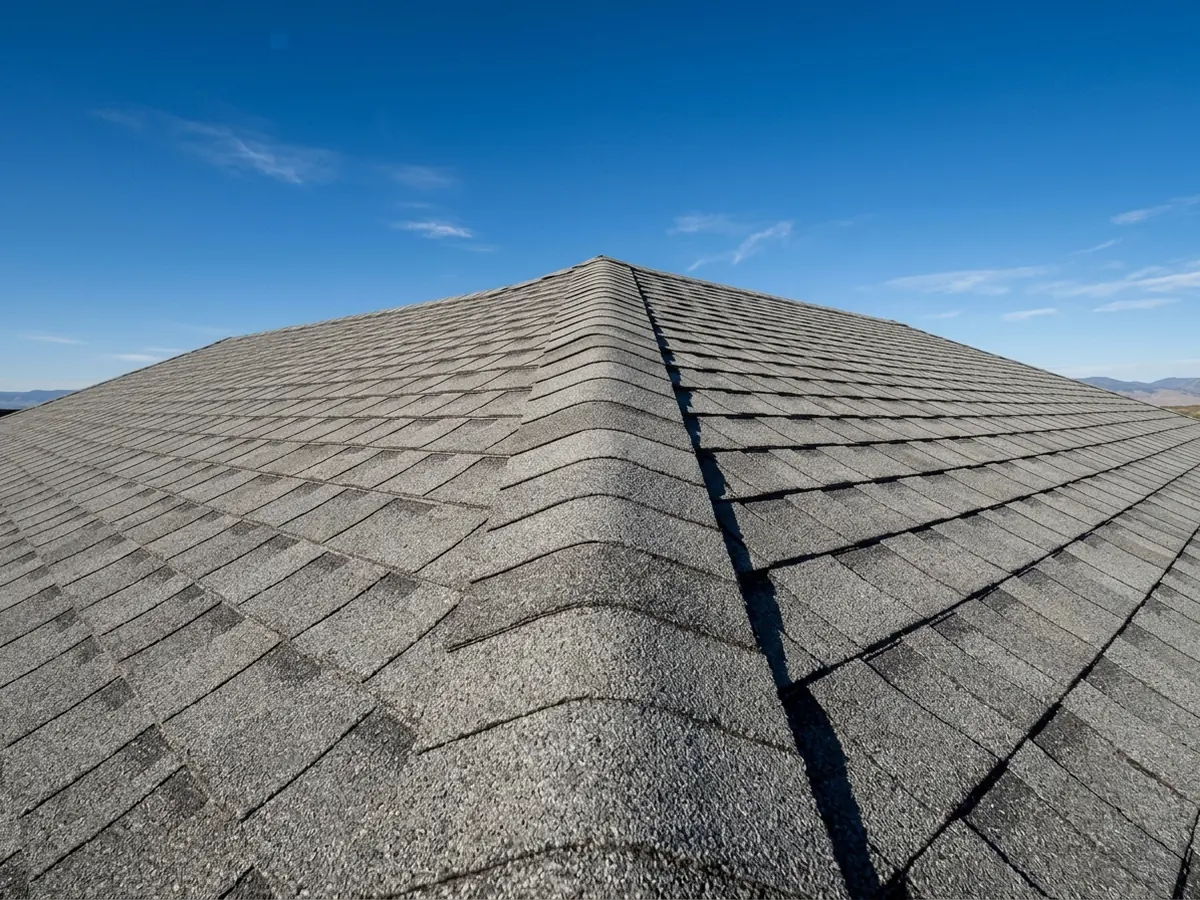 Low-angle view up a gray shingle roof to a finished shingle-over ridge vent running the length of the peak