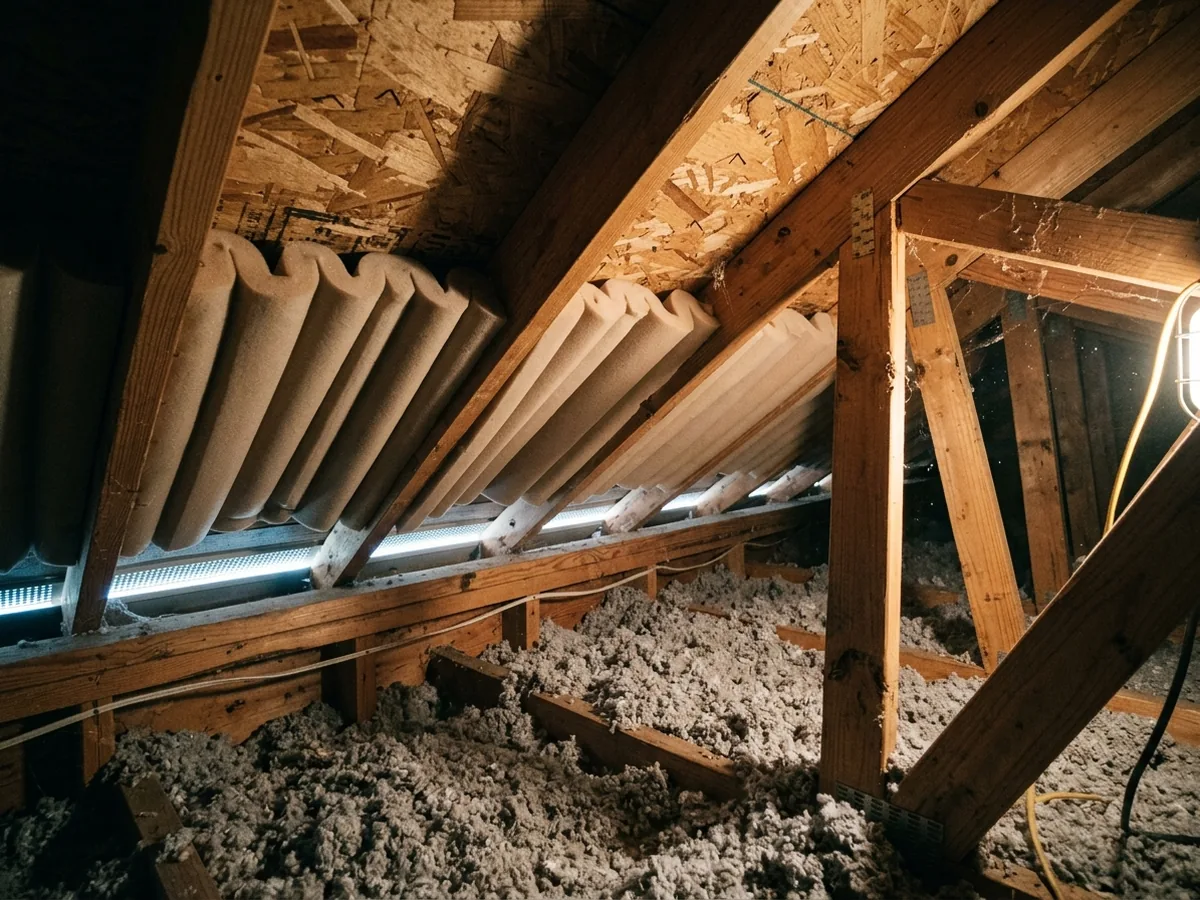 Inside an attic, foam baffles stapled between rafters above the eave with daylight showing through the soffit vents below