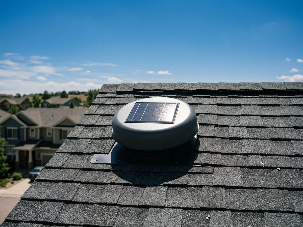 Round low-profile solar attic fan with a small dark panel on top, set in a charcoal shingle roof below the ridge