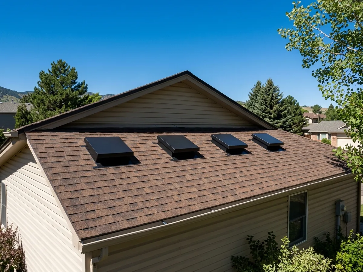 Row of four low square metal box vents set in a brown shingle roof just below the ridge