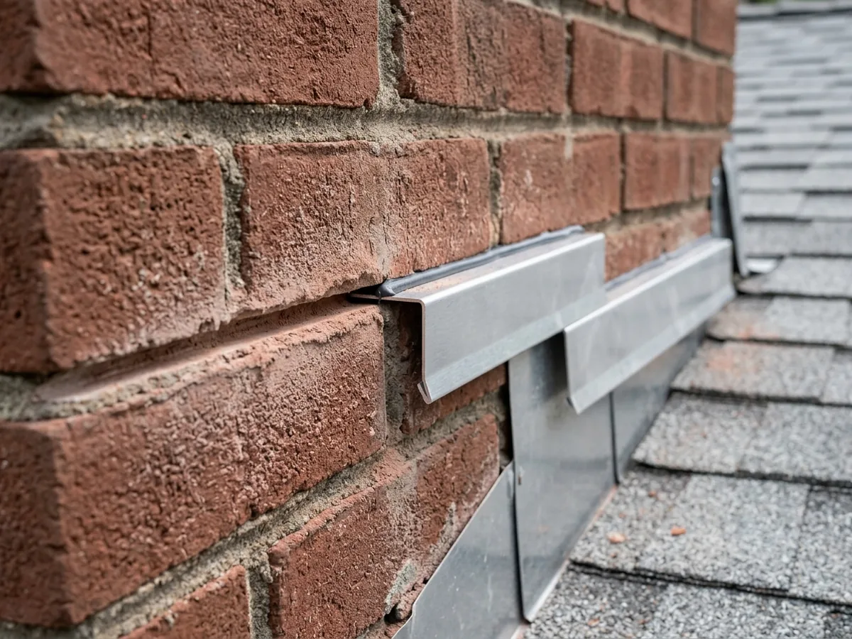 Metal counter flashing set into a sawn mortar groove in a brick chimney, lapping down over the step flashing below