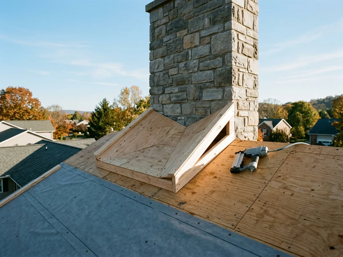Wood-framed cricket with two small sloped faces built against the uphill side of a chimney on a shingle roof deck before flashing