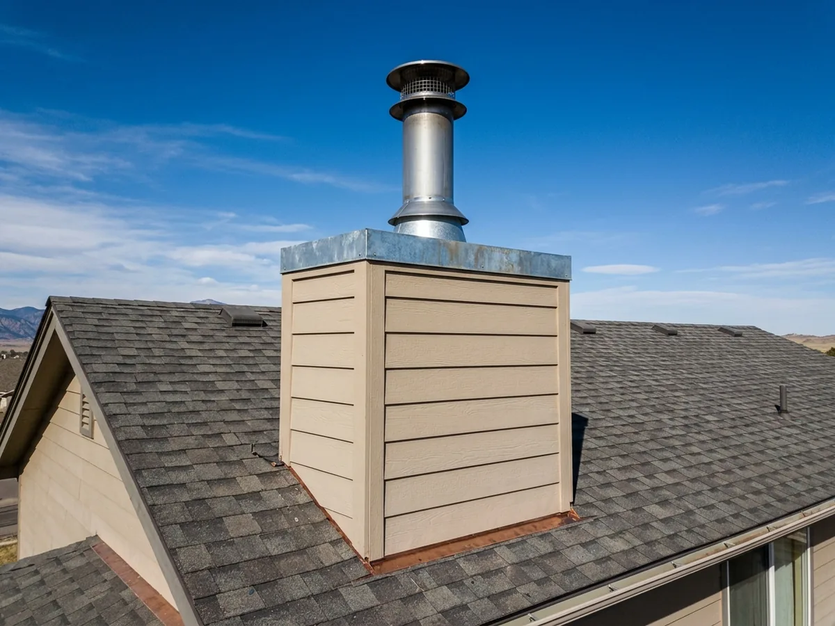 Siding-clad framed chimney chase on a roof with a metal chase top pan and a storm collar around the metal flue pipe