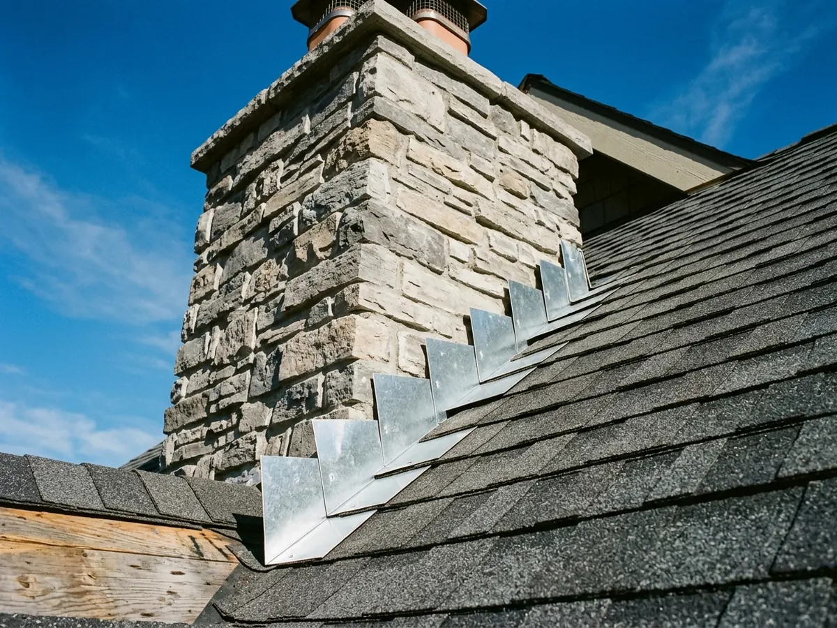 Row of L-shaped metal step flashing pieces interleaved with asphalt shingle courses up the side of a stone-veneer chimney