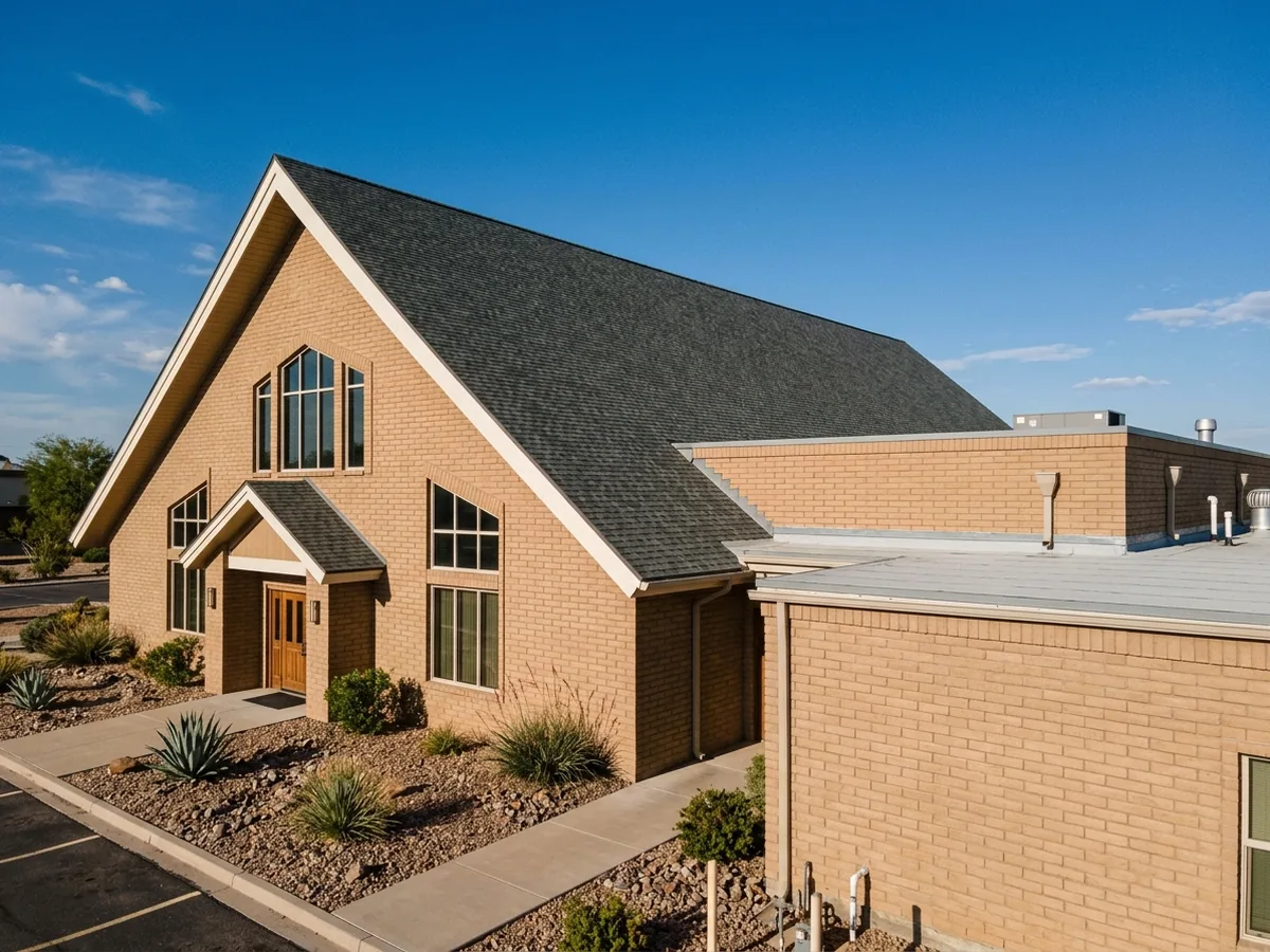Brick church with a steep asphalt shingle roof over the sanctuary joined to a flat membrane roof over a single-story education wing