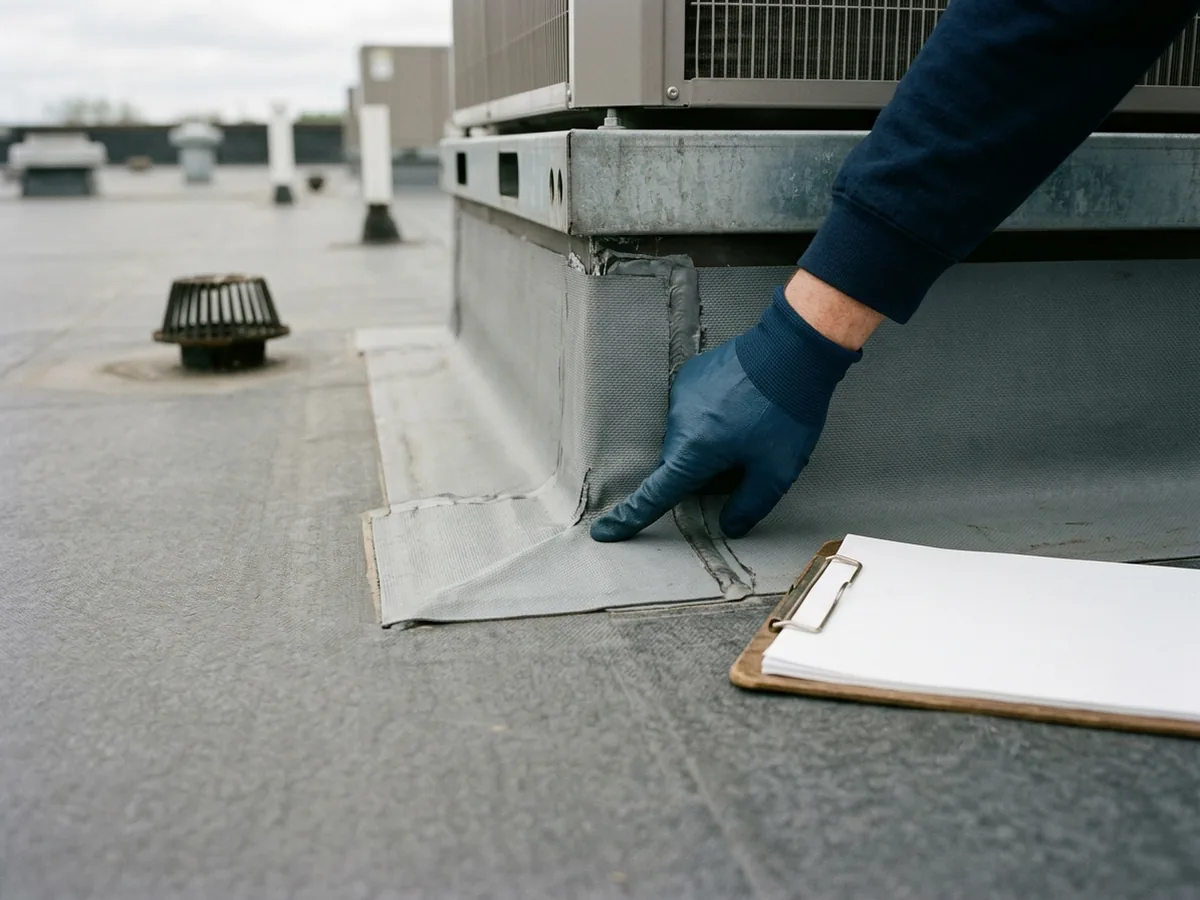 Gloved hand pressing on the sealed membrane flashing at the base of a rooftop unit curb on a flat commercial roof, a clipboard resting beside it