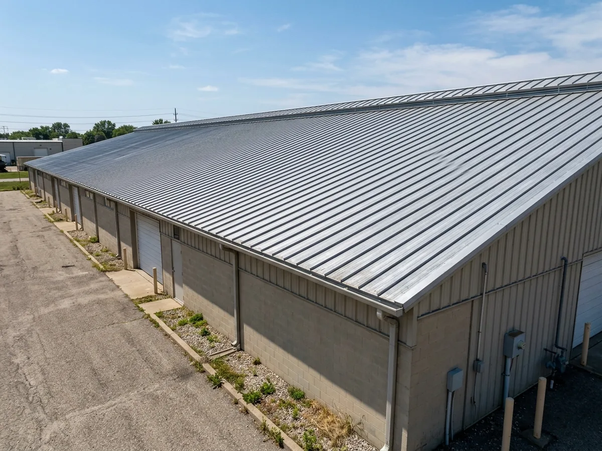 Long low-slope standing seam metal roof on a light-industrial warehouse building, panels running toward the eave with ridge vents along the top