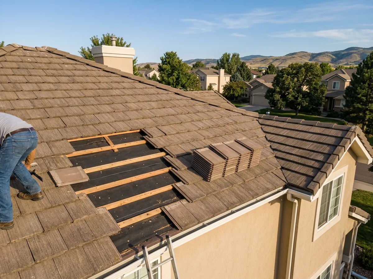 Roofer lifting brown concrete roof tiles to expose dark underlayment and wood battens, with a stack of tiles waiting to be relaid