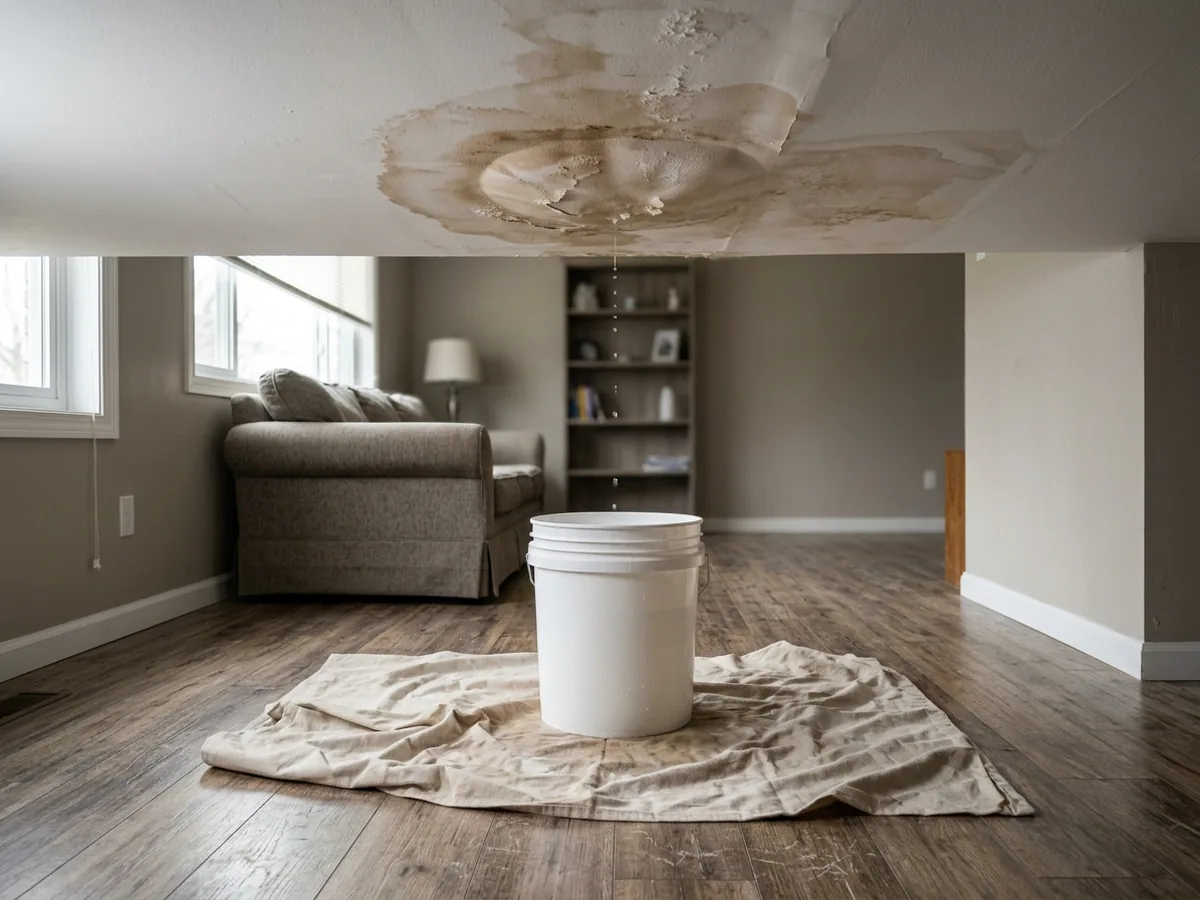 Plastic bucket on a drop cloth catching drips from a stained, bulging spot in a white living room ceiling