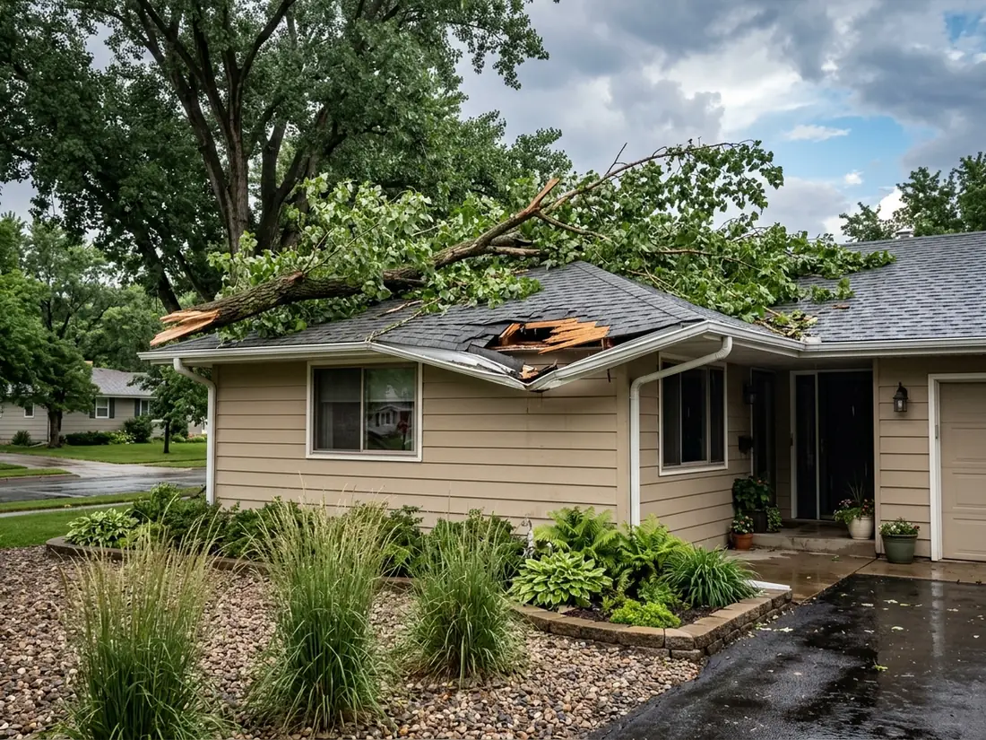 Large broken tree limb resting across a shingle roof with crushed shingles and a splintered hole in the decking beneath it