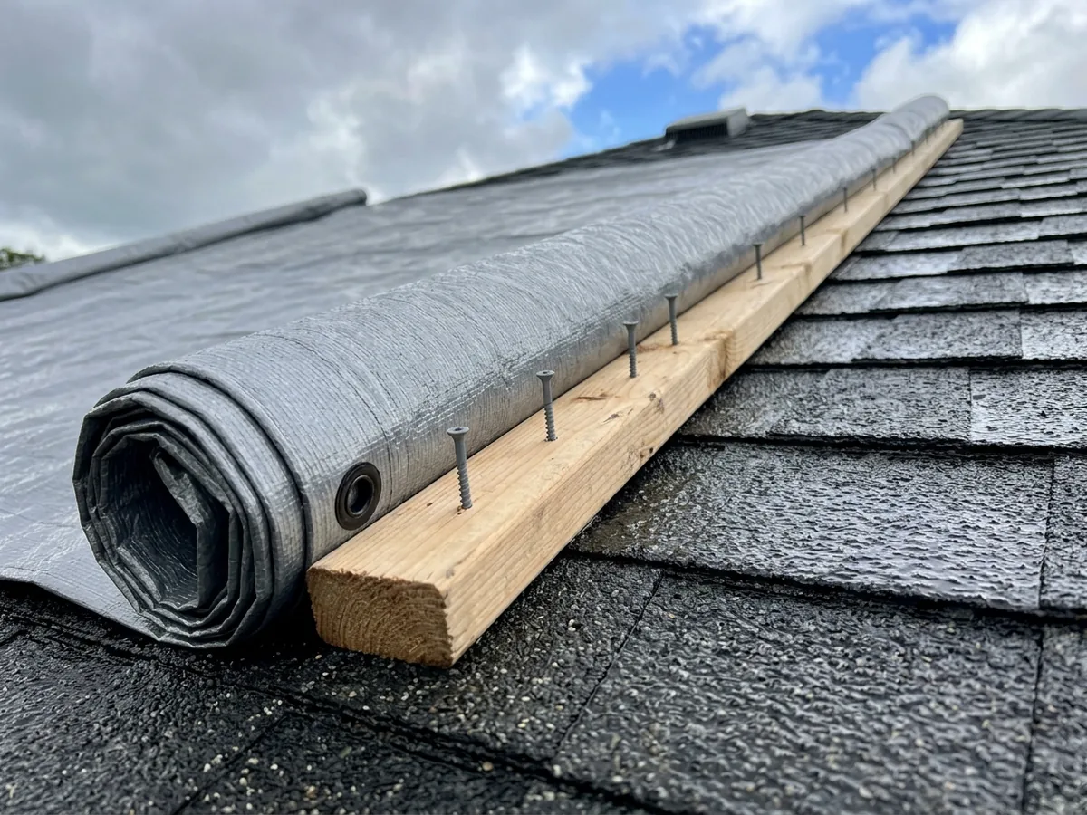 Close view of a gray poly tarp edge rolled around a wooden batten and screwed down across asphalt shingles near a roof ridge