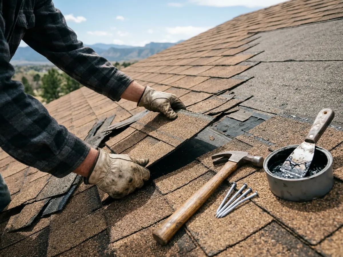 Hands in work gloves pressing a replacement asphalt shingle into place on a damaged section of roof with a hammer and roofing nails nearby