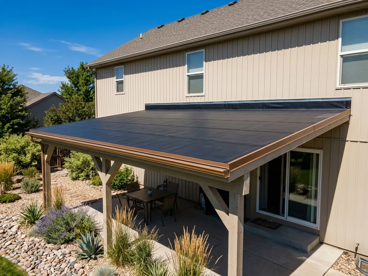 Black EPDM rubber membrane covering a low-slope porch roof attached to a beige two-story house, with a neat drip edge along the front