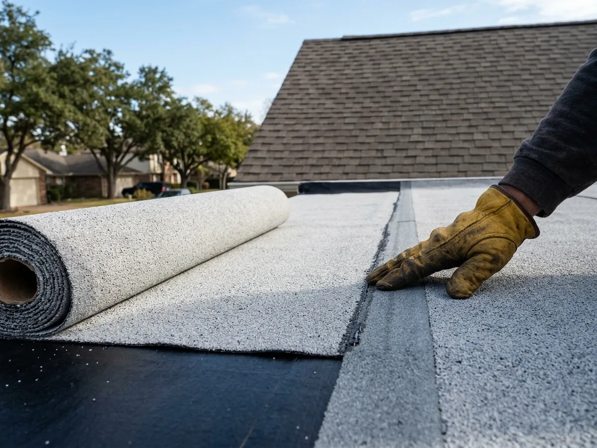 Granule-surfaced modified bitumen cap sheet in light gray being rolled out over a base sheet on a garage roof, a lapped seam showing at its edge