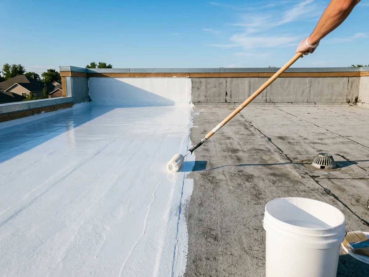Long-handled roller spreading bright white silicone coating over a cleaned gray membrane on a flat porch roof, half the surface coated