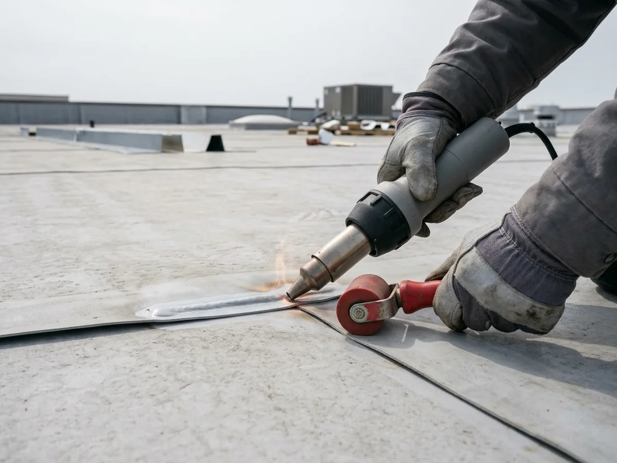 Gloved hands running a plain gray hot-air welder and silicone roller along an overlapped seam of white TPO membrane on a flat roof