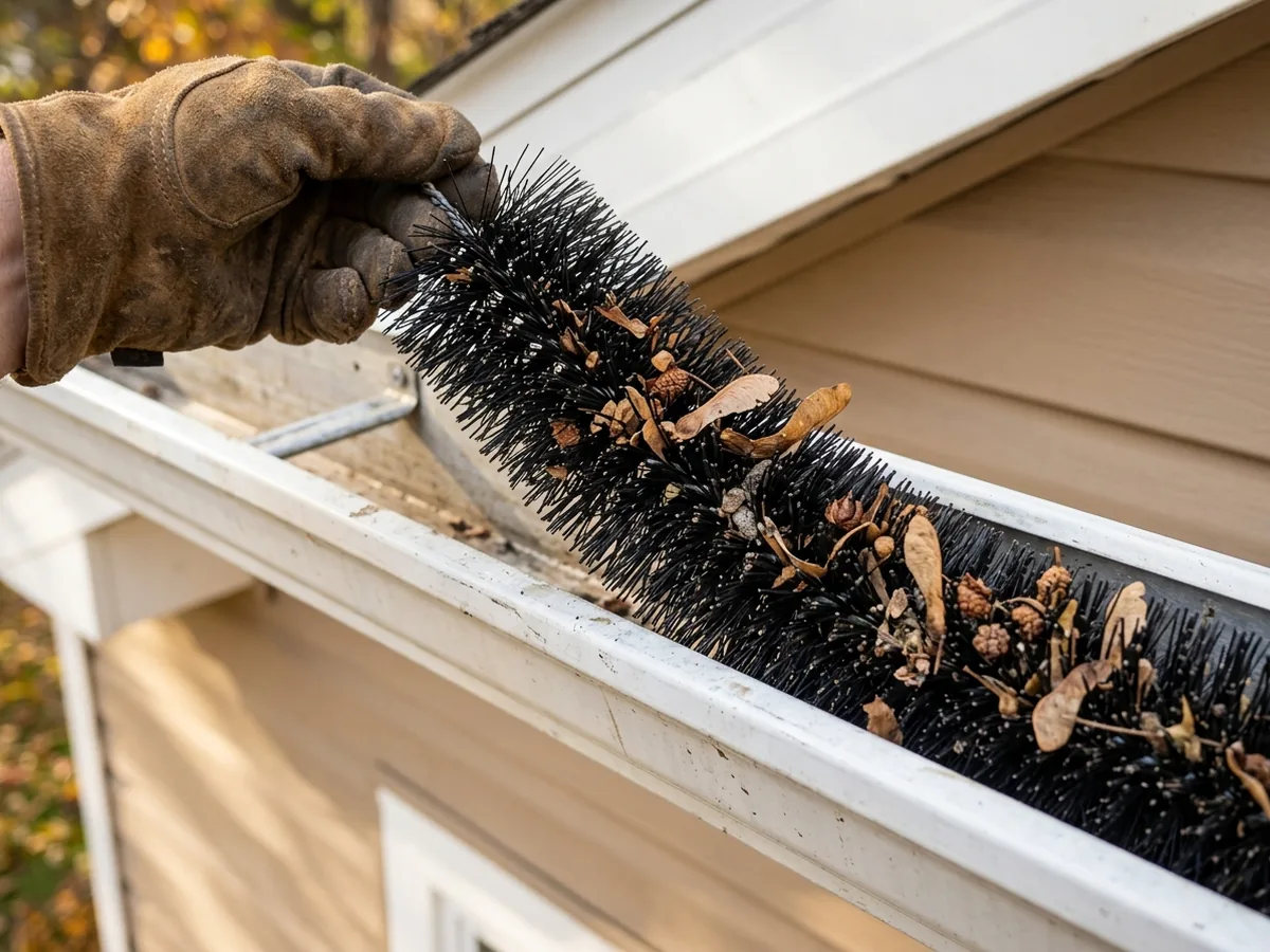 Cylindrical plastic bristle brush insert lying inside a white gutter with seed pods caught in the bristles