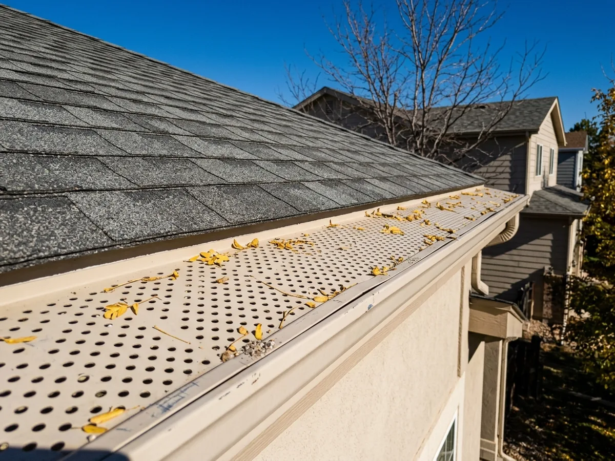 Almond aluminum gutter covered by a perforated aluminum screen panel with small round holes, a few dry leaves on top