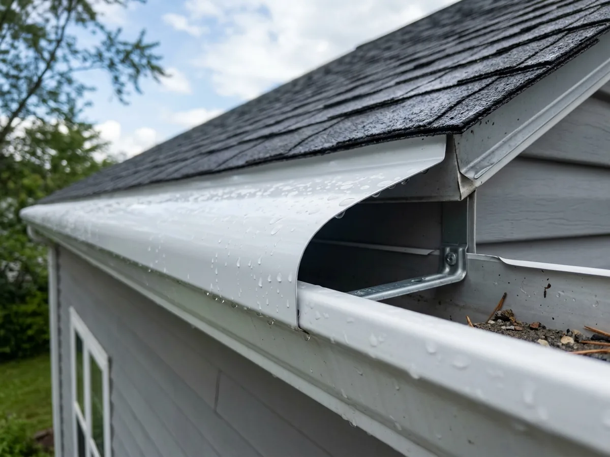 Close view of a white reverse-curve gutter hood with its rounded front nose rolling over into the gutter below shingles