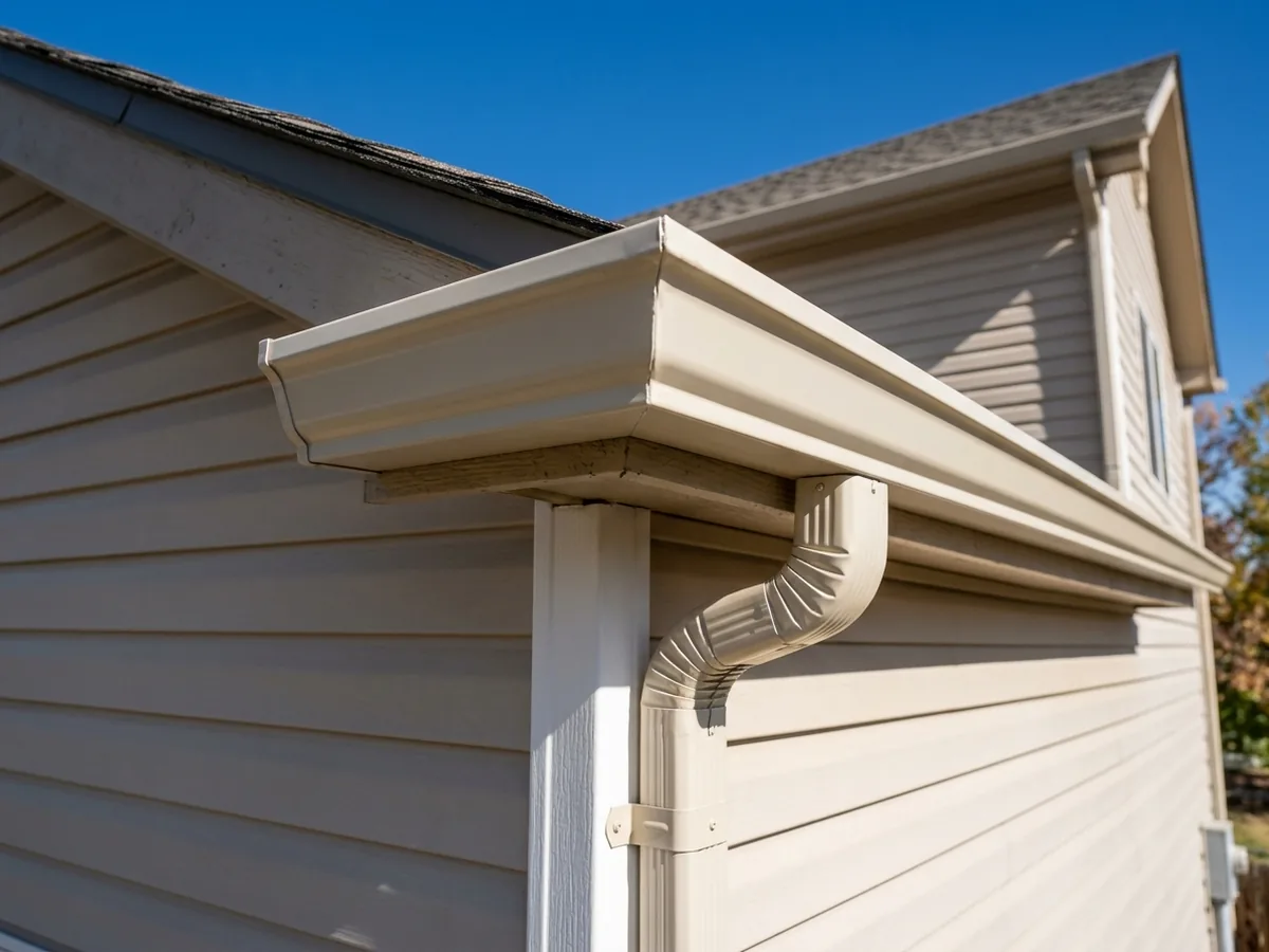 Close view of a wide 6-inch almond aluminum gutter corner with a large rectangular downspout outlet cut into its bottom