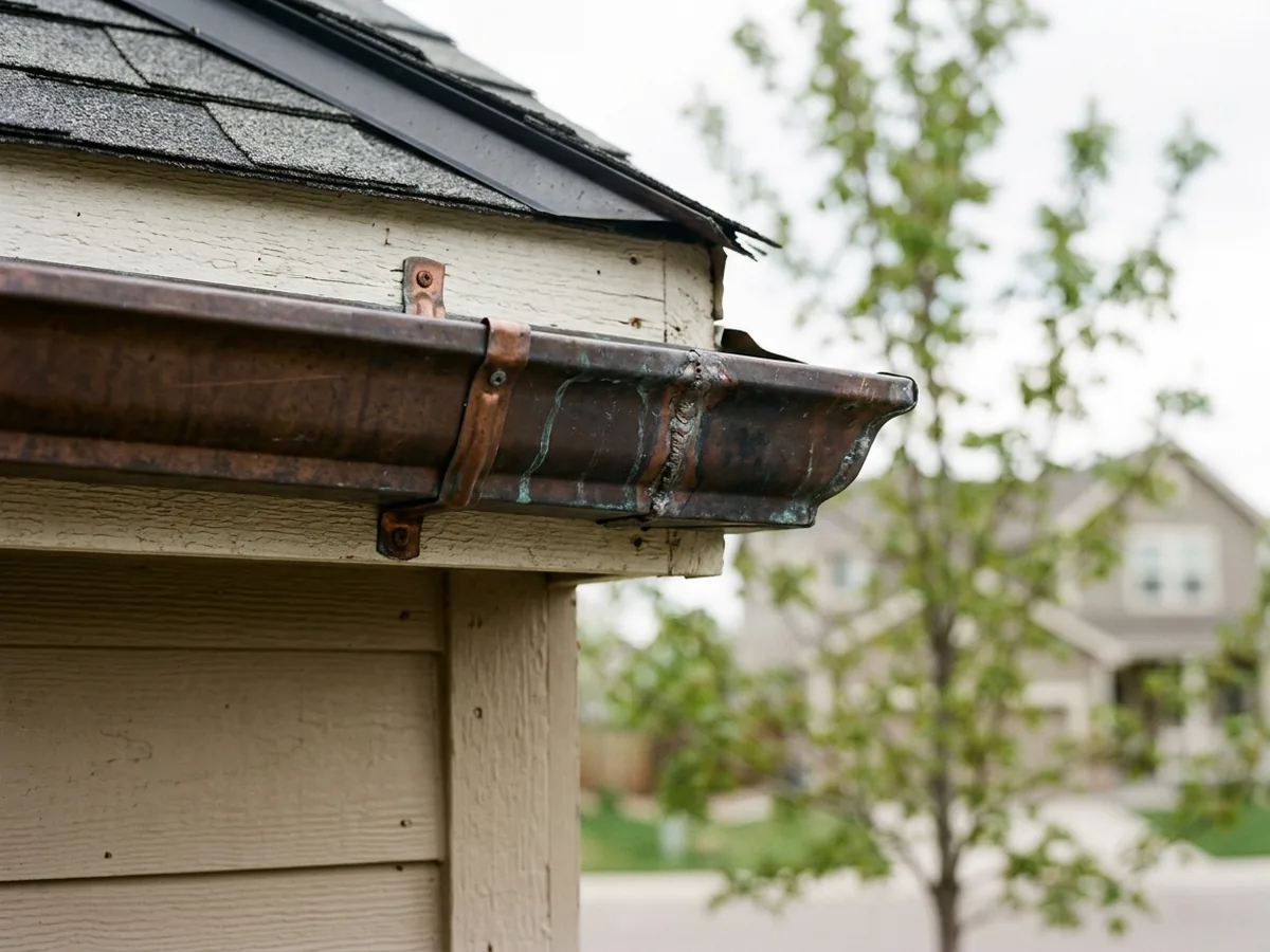 Close view of a weathered copper gutter outside corner with a brown patina against beige lap siding