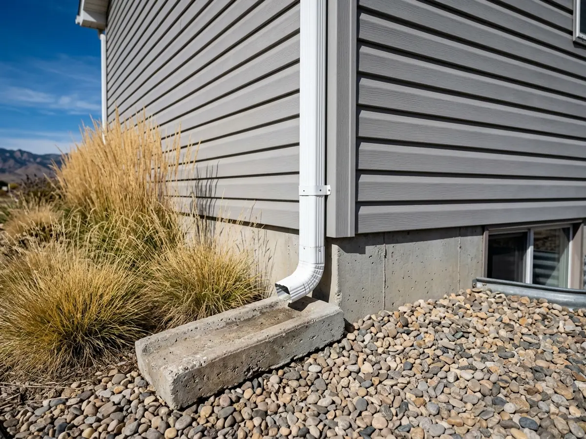 Aluminum downspout elbow emptying onto a splash block into a rock-mulch bed with ornamental grasses beside a house