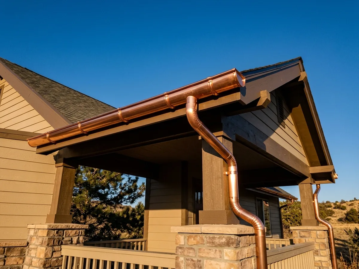 Copper-coloured half-round gutter held by round bracket hangers under the eave of a stone-veneer porch