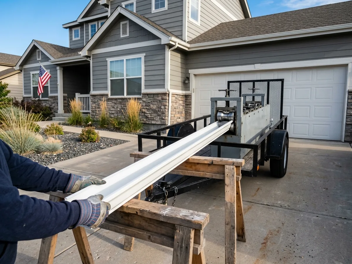 Roll-forming machine on a trailer feeding a long white K-style aluminum gutter out onto sawhorses in a driveway