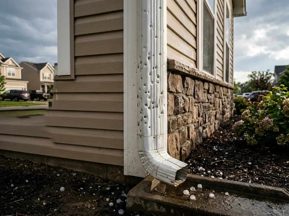 Aluminum downspout covered in small round hail dents on the corner of a tan-sided house after a storm