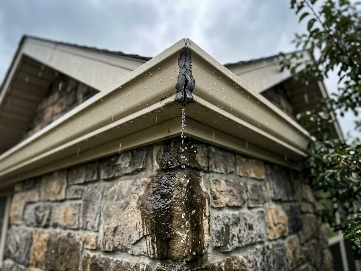 Close view of water dripping from the mitred corner seam of a beige aluminum gutter onto stone veneer below