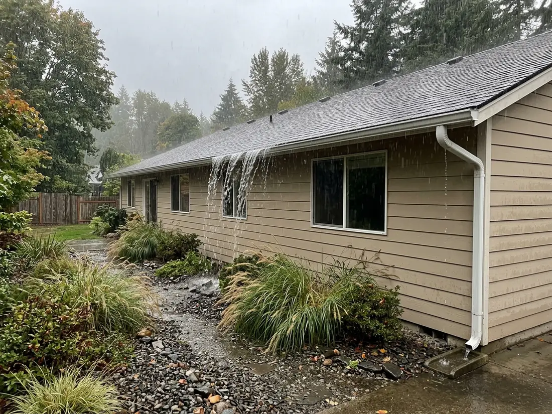 White gutter overflowing at its midpoint in rain while the downspout at the far end runs nearly dry