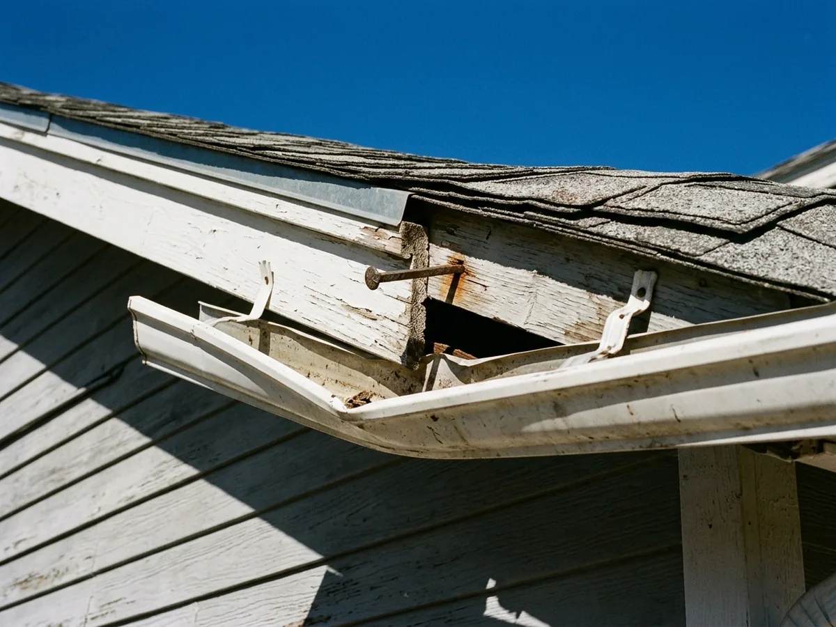 Section of white aluminum gutter sagging away from a fascia board between two loose hangers