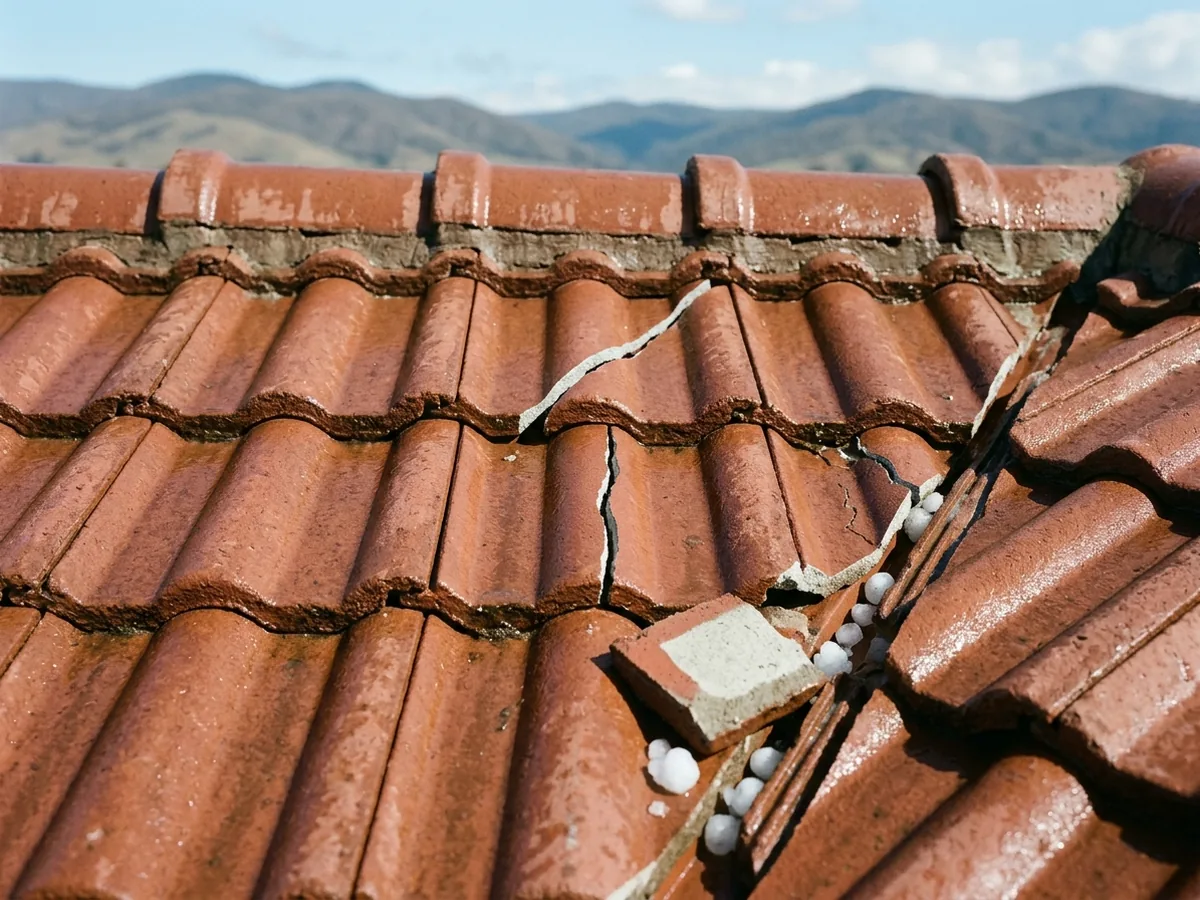Several brown concrete roof tiles with fresh, sharp-edged cracks and one corner broken away, a few small hailstones lying in the channels