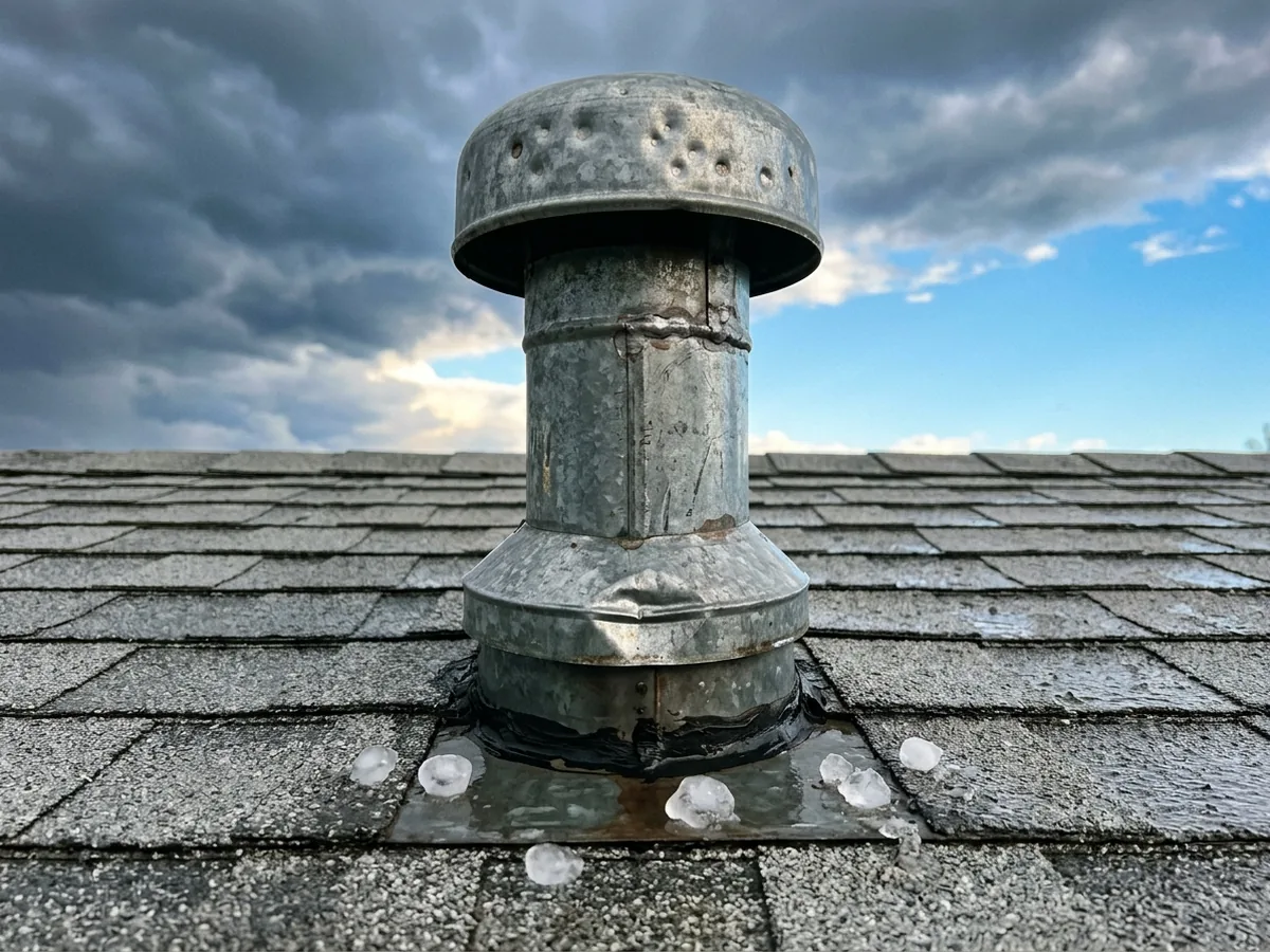 Dented aluminum furnace flue cap and storm collar on a roof, the metal pocked with round hail dimples