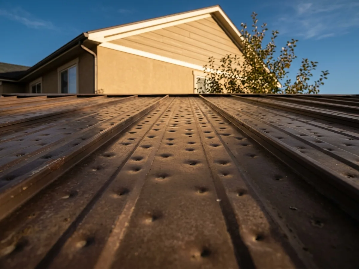 Bronze steel roof panels with rows of shallow round dents catching low sunlight