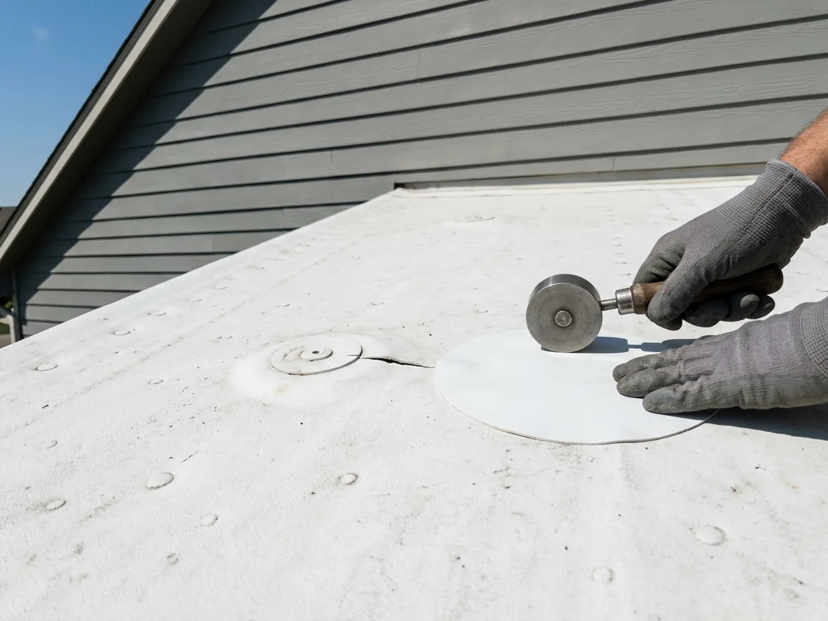 White single-ply membrane on a low-slope roof with a small split near a fastener plate and a round patch being pressed over it