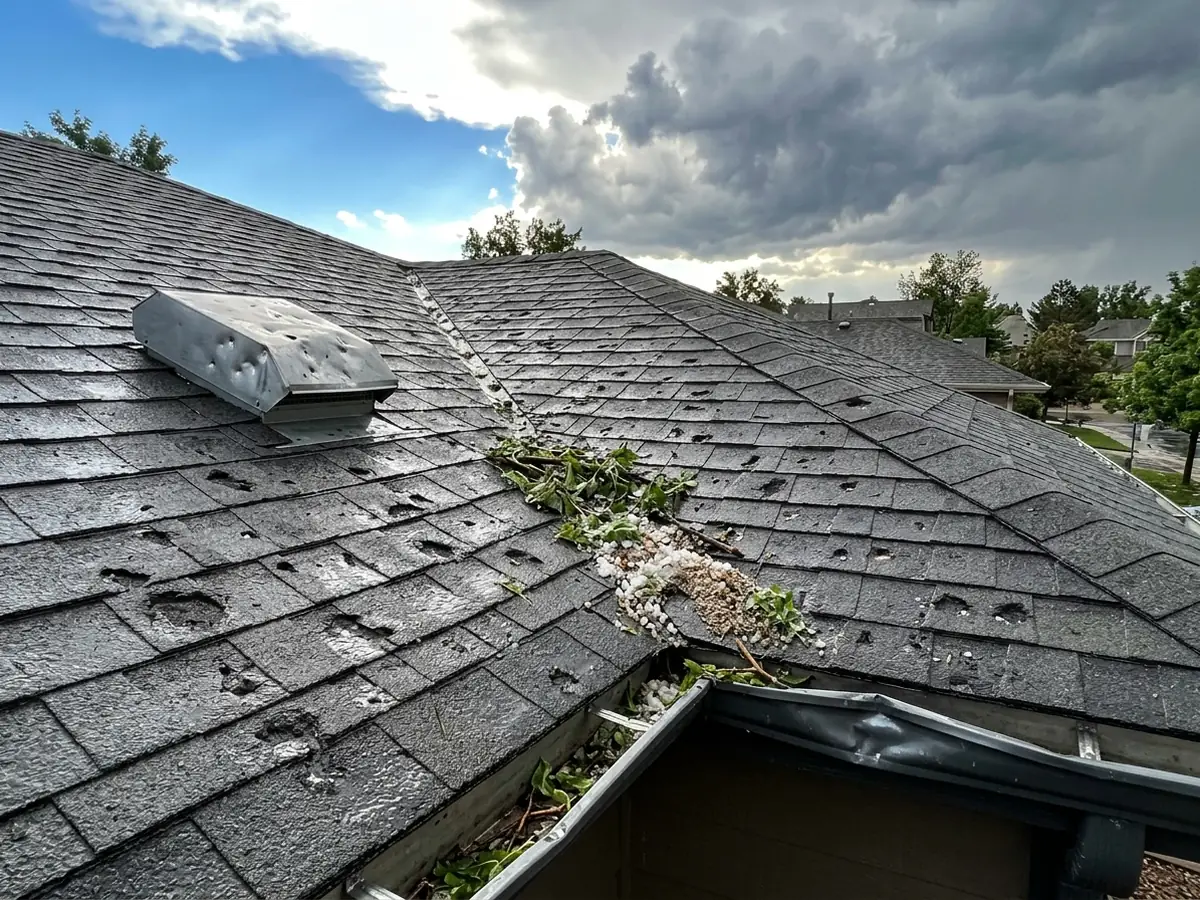 Shingle roof covered in hail dents, with a dented metal roof vent and a pile of hailstones and torn leaves at the gutter under storm clouds