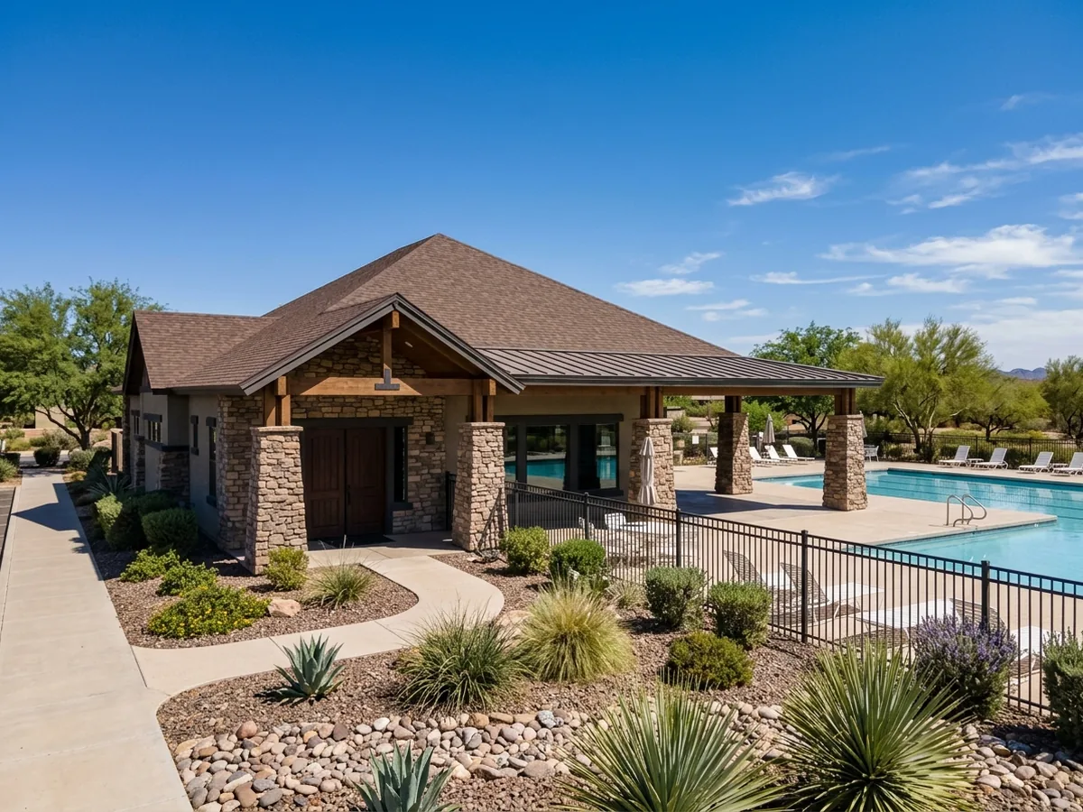 Single-story community clubhouse with a pitched shingle roof and a covered patio beside a fenced pool area under a clear sky