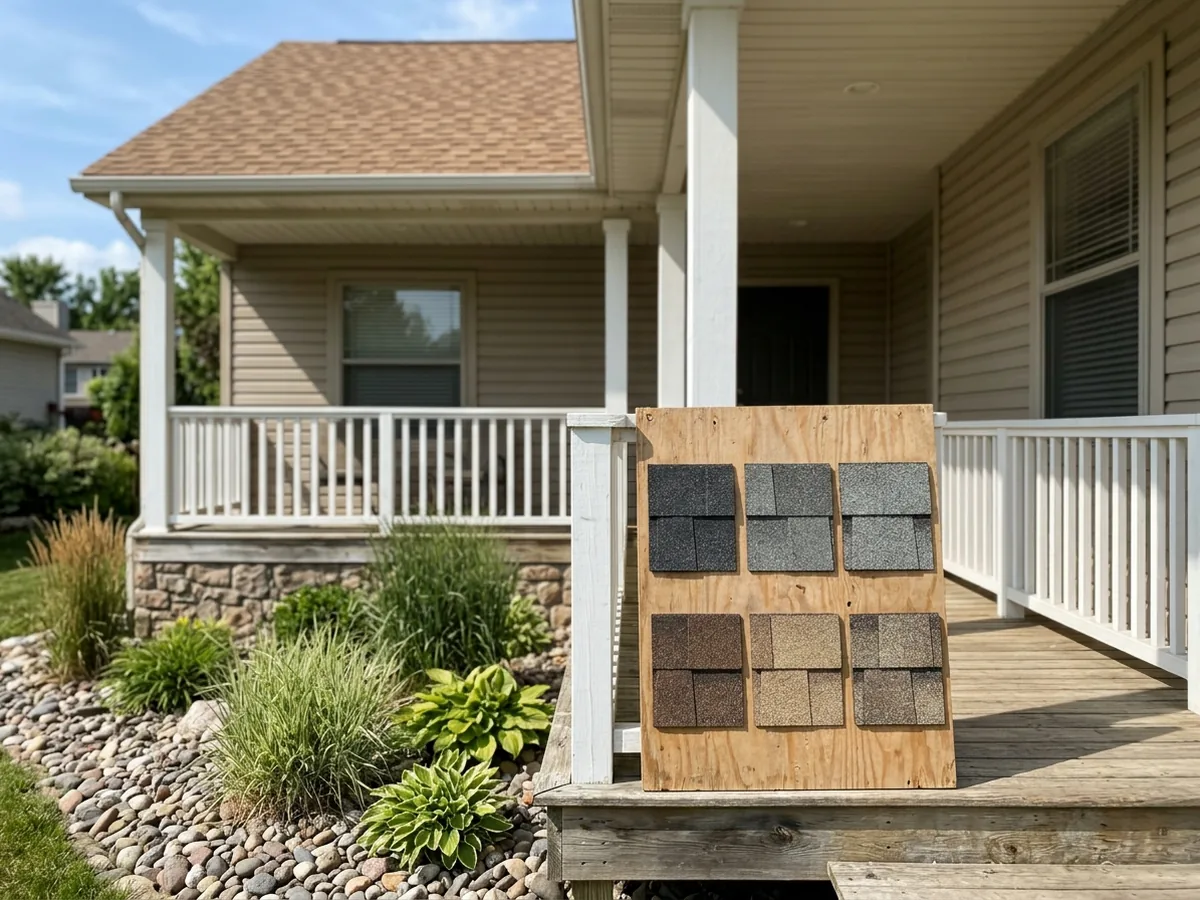 Board with several asphalt shingle color samples propped on the porch rail of a beige two-story house, a matching new roof visible above