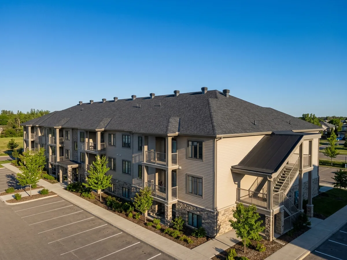 Three-story condo building with a long hip roof of charcoal shingles, low-slope sections over stairwells and several roof vents along the ridge
