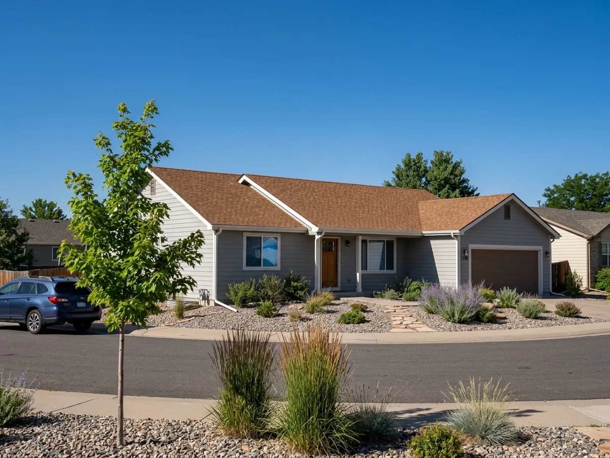 Single-story ranch house with a freshly shingled low-pitched roof in a warm brown laminated shingle, rock-mulch front yard and young street tree