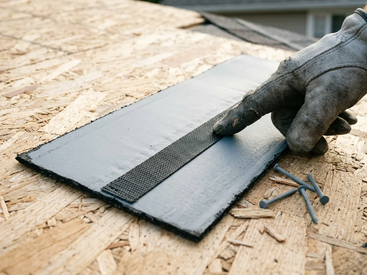Underside of a laminated asphalt shingle turned over on a roof deck, showing a smooth gray polymer backing layer and a woven fabric strip along the nailing line
