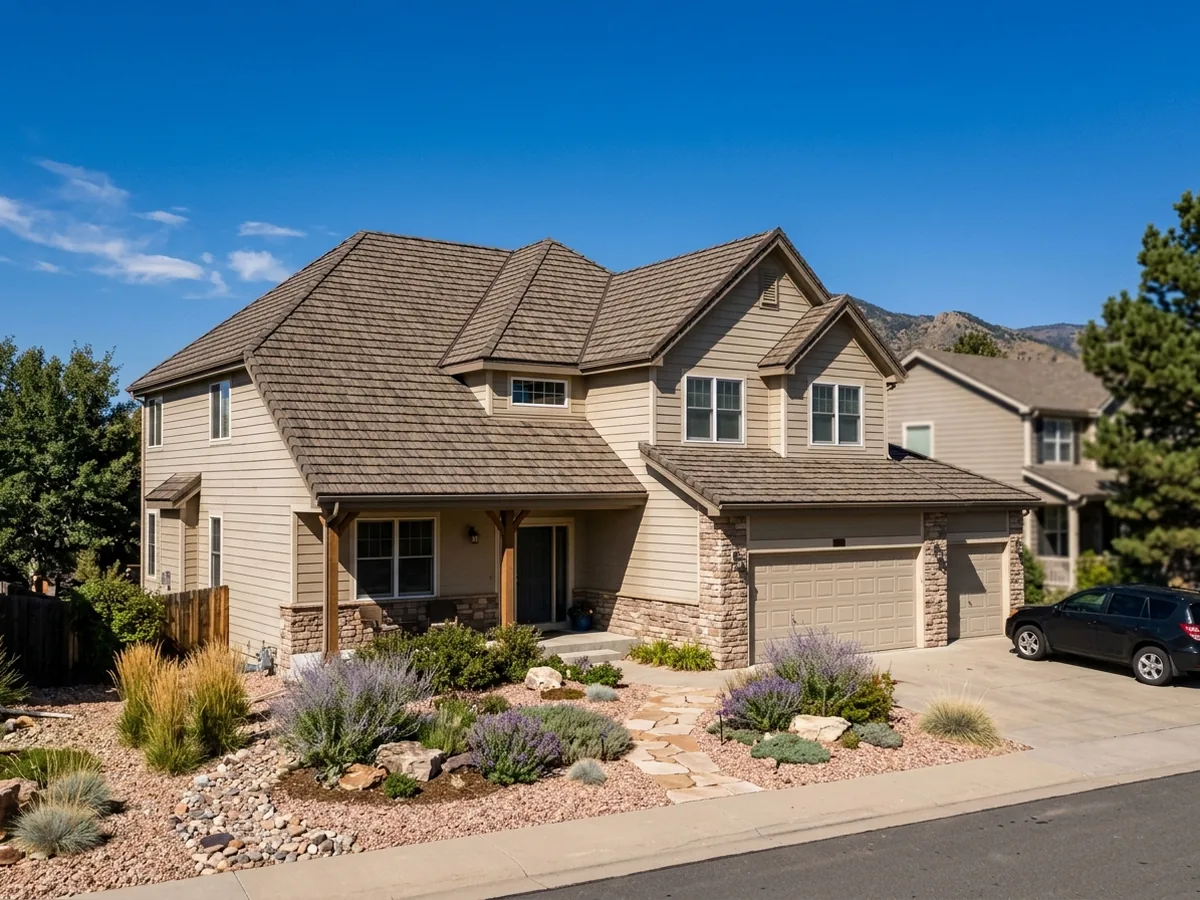 Two-story tract house roof covered in thick, deeply shadowed shake-look asphalt shingles in a weathered brown blend, with stone-veneer accents below