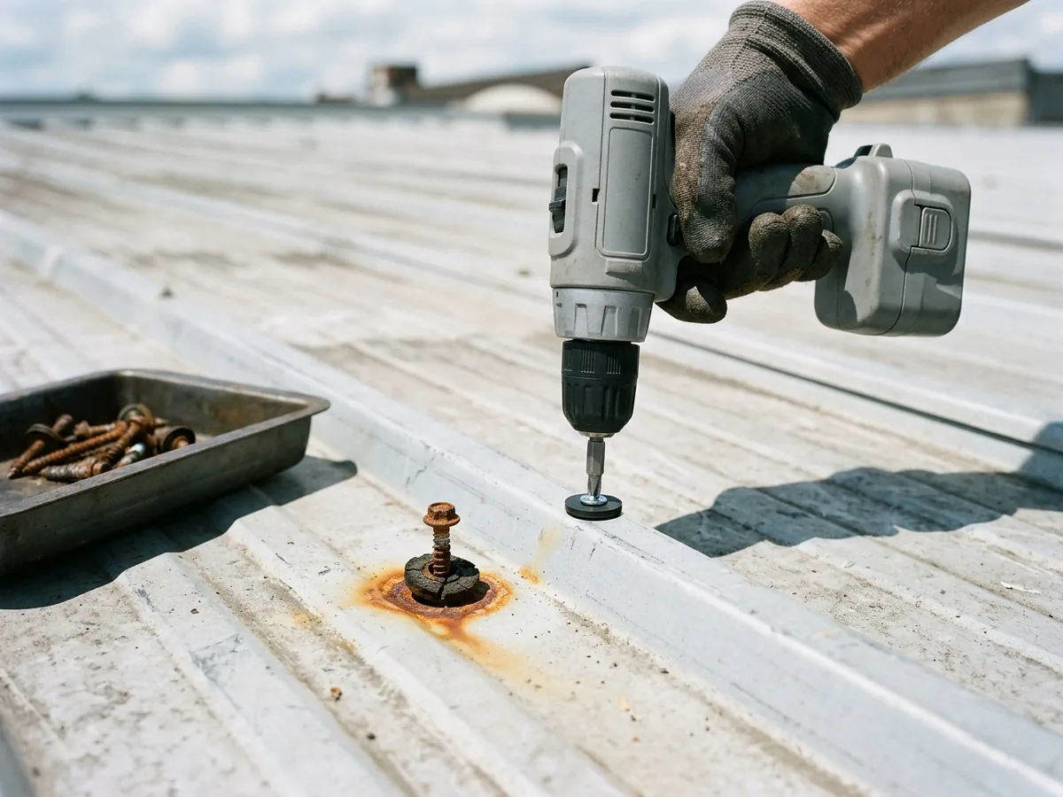 Close view of a gloved hand driving a new washered screw into a ribbed metal roof panel next to an old rusted screw