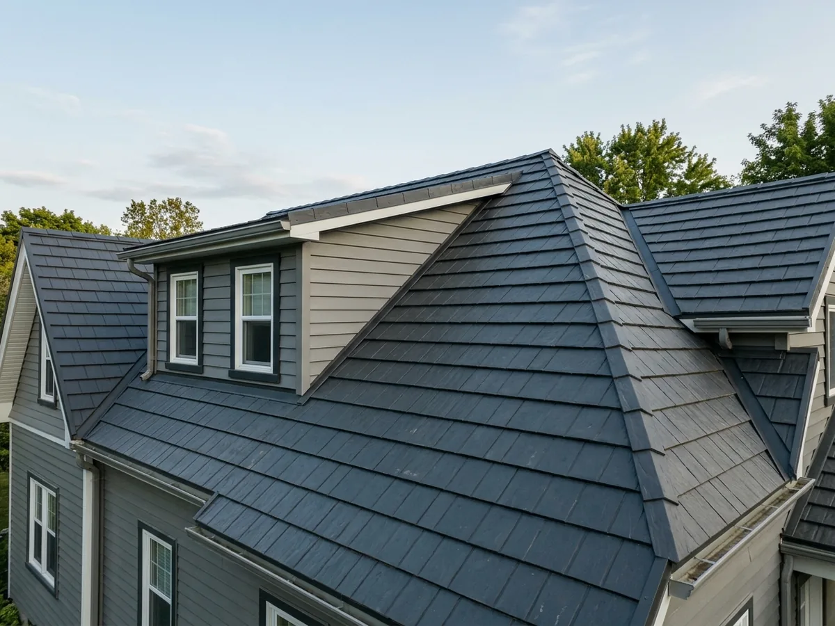 Gray stamped steel shingles shaped like slate tiles, laid in overlapping courses on a two-storey house roof