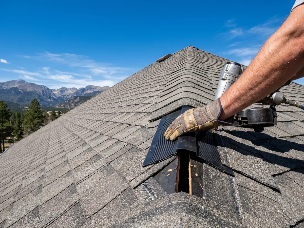 Gloved hand holding a ridge vent cap in place along a shingle roof peak while a nail gun fastens it, with mountains in the distance