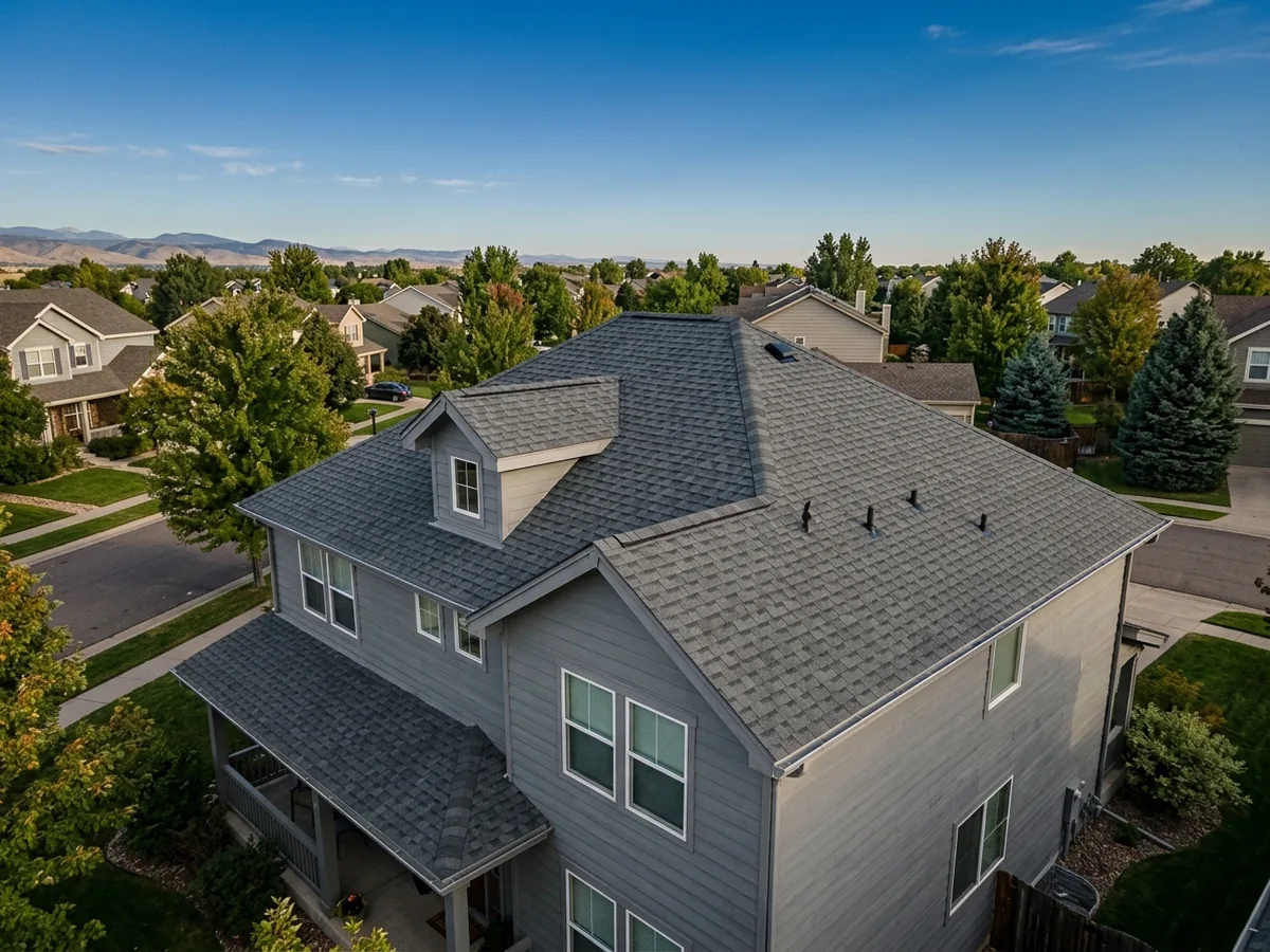 Wide view of a well-kept gray architectural shingle roof on a two-storey tract home with straight ridge lines and clean flashing under a blue sky