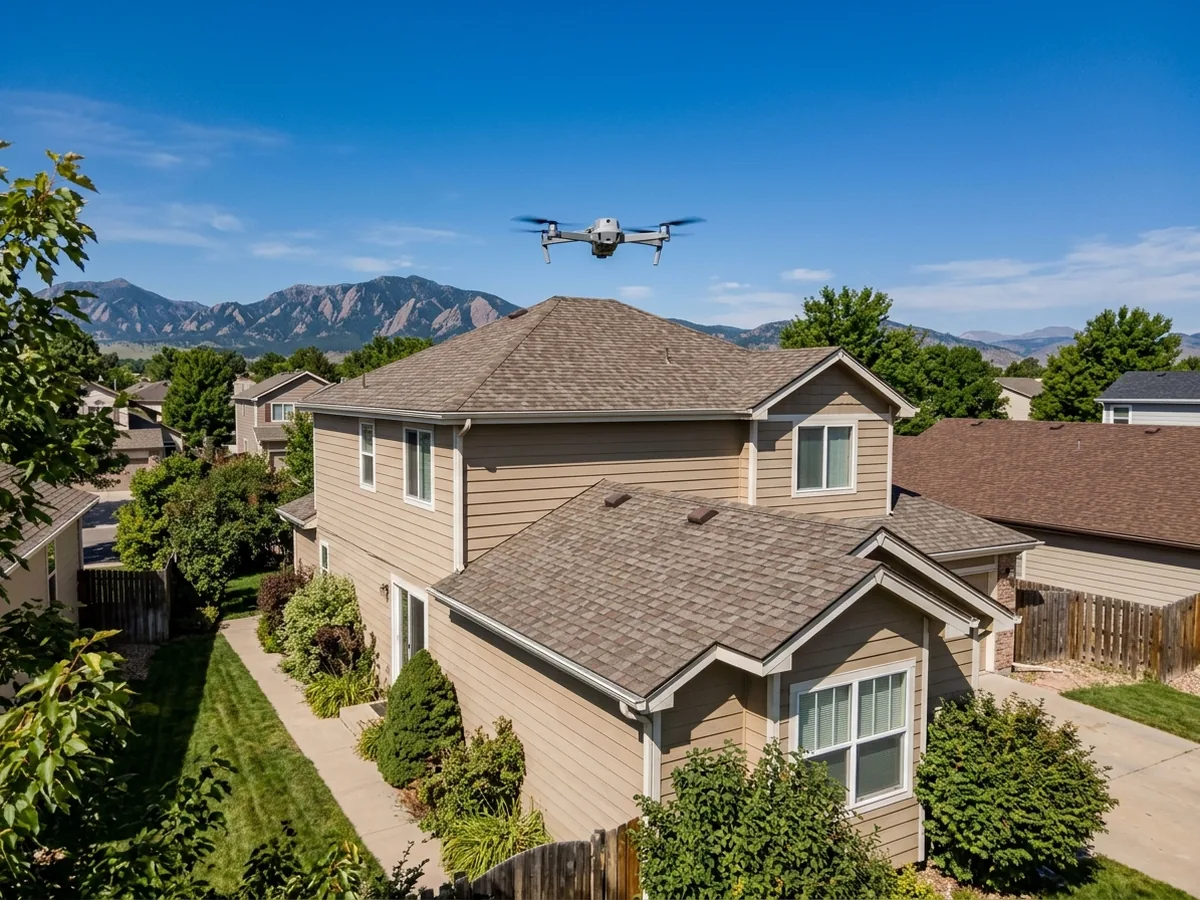 Small gray quadcopter drone hovering above the shingle roof of a two-storey suburban house with foothills in the distance