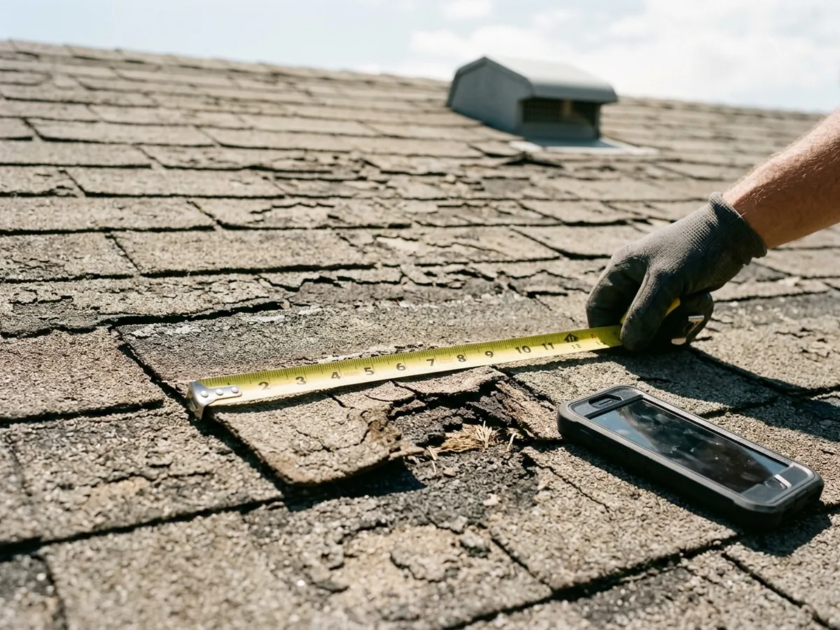 Gloved hand holding a tape measure across a cracked, granule-worn asphalt shingle, with a phone lying beside it and a roof vent behind